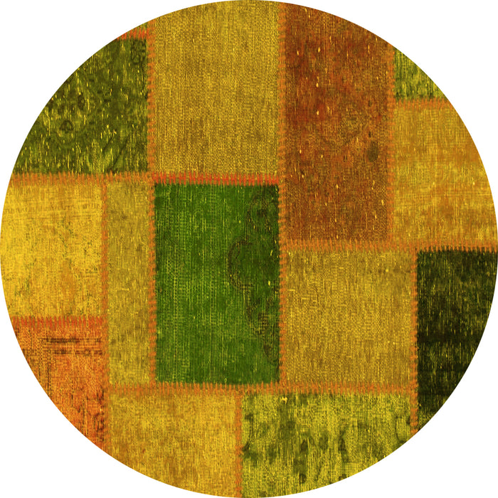 Round Machine Washable Patchwork Yellow Transitional Rug, wshabs1256yw