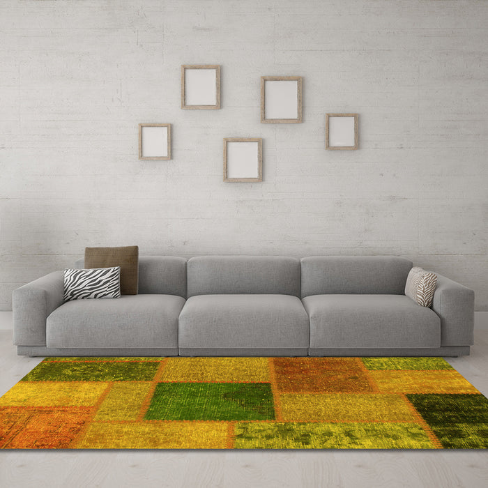 Machine Washable Patchwork Yellow Transitional Rug in a Living Room, wshabs1256yw
