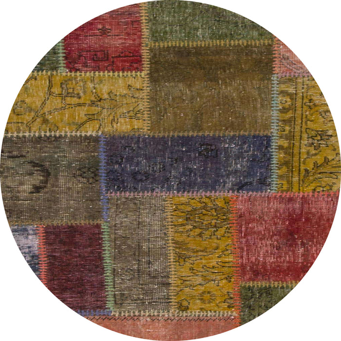 Round Abstract Red Brown Patchwork Rug, abs1257