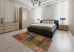 Abstract Red Brown Patchwork Rug in a Bedroom, abs1257