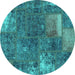 Round Machine Washable Patchwork Turquoise Transitional Area Rugs, wshabs1258turq
