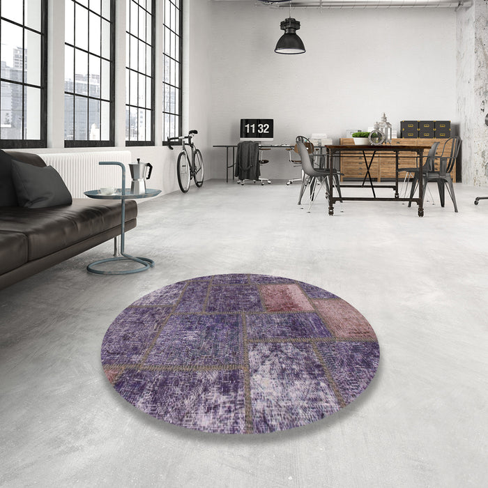 Round Abstract Purple Patchwork Rug in a Office, abs1258