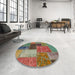 Round Machine Washable Abstract Khaki Green Rug in a Office, wshabs1260