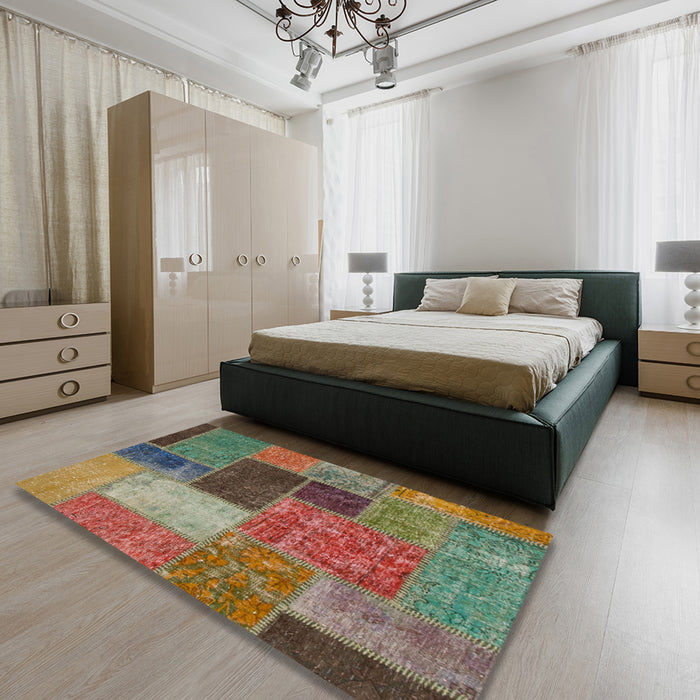 Abstract Khaki Green Patchwork Rug in a Bedroom, abs1260