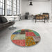 Round Abstract Khaki Green Patchwork Rug in a Office, abs1260