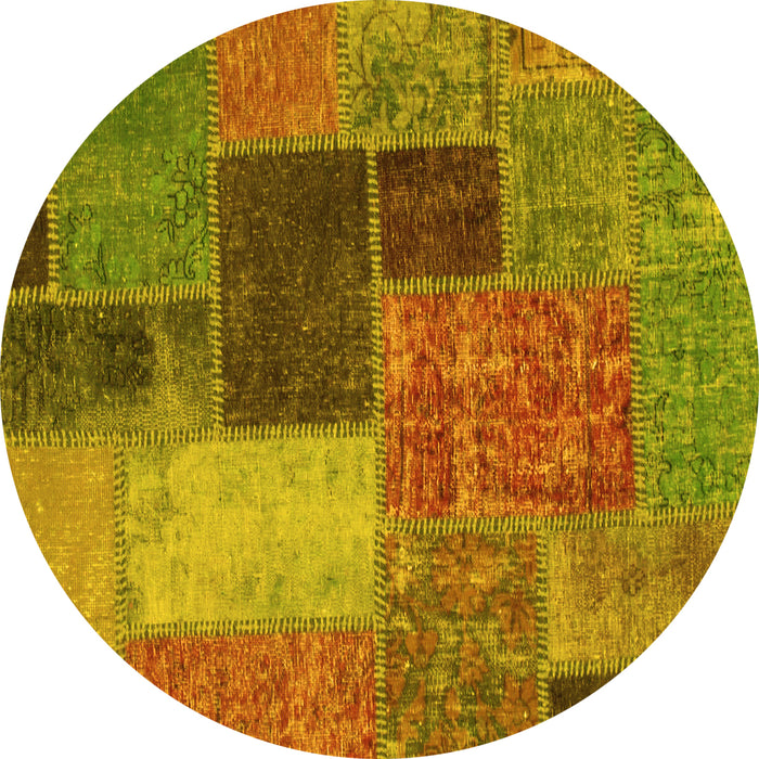 Round Machine Washable Patchwork Yellow Transitional Rug, wshabs1260yw