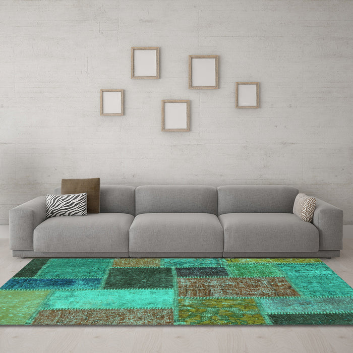 Machine Washable Patchwork Turquoise Transitional Area Rugs in a Living Room,, wshabs1260turq