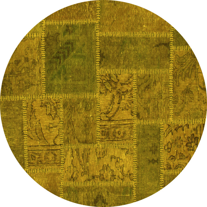 Round Machine Washable Patchwork Yellow Transitional Rug, wshabs1261yw