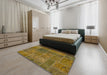 Abstract Dark Brown Patchwork Rug in a Bedroom, abs1261