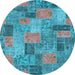 Round Machine Washable Patchwork Light Blue Transitional Rug, wshabs1262lblu