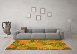 Machine Washable Patchwork Yellow Transitional Rug in a Living Room, wshabs1262yw
