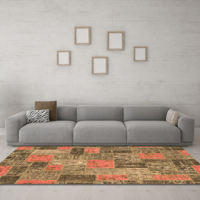 Machine Washable Patchwork Brown Transitional Rug in a Living Room,, wshabs1262brn