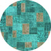 Round Machine Washable Patchwork Turquoise Transitional Area Rugs, wshabs1262turq