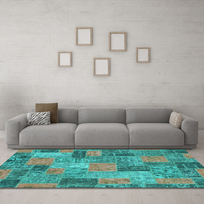 Machine Washable Patchwork Turquoise Transitional Area Rugs in a Living Room,, wshabs1262turq