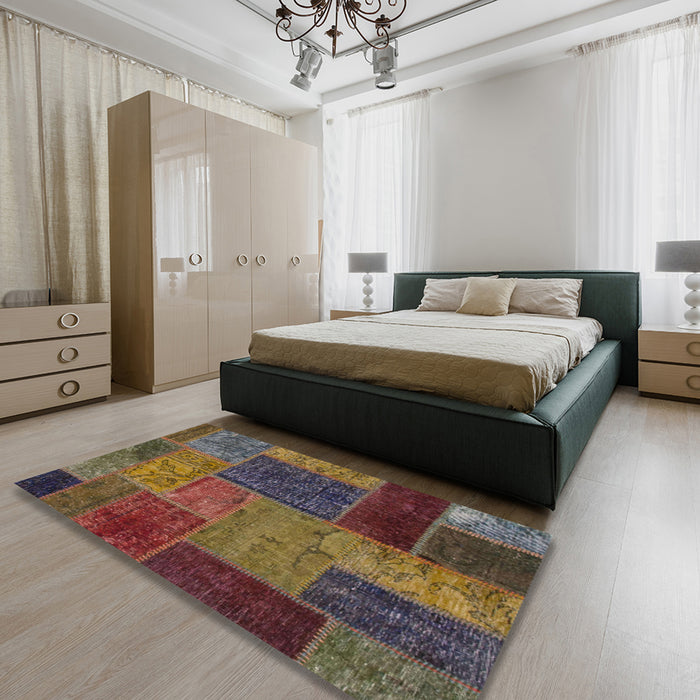 Abstract Red Brown Patchwork Rug in a Bedroom, abs1263