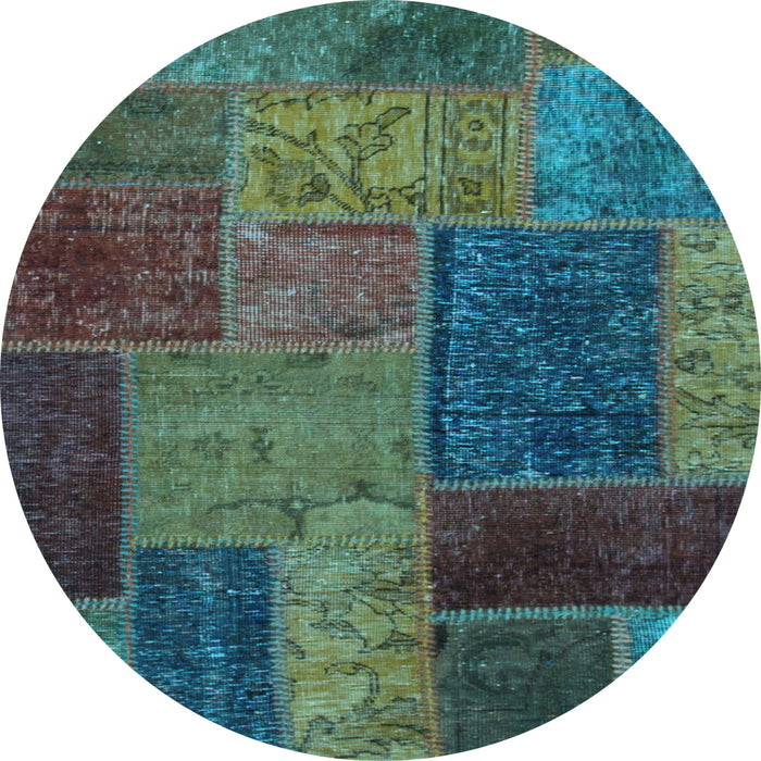 Round Machine Washable Patchwork Light Blue Transitional Rug, wshabs1263lblu