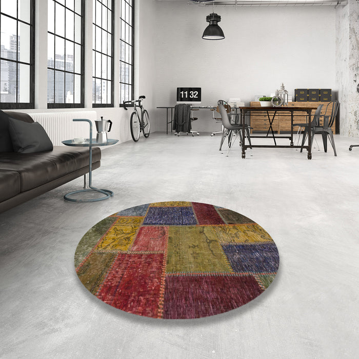 Round Abstract Red Brown Patchwork Rug in a Office, abs1263