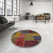 Round Abstract Red Brown Patchwork Rug in a Office, abs1263