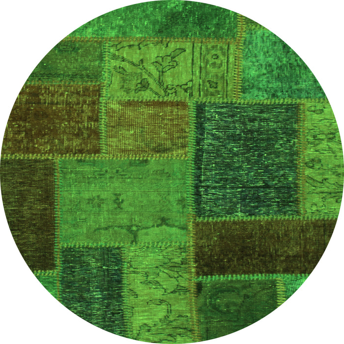 Round Machine Washable Patchwork Green Transitional Area Rugs, wshabs1263grn