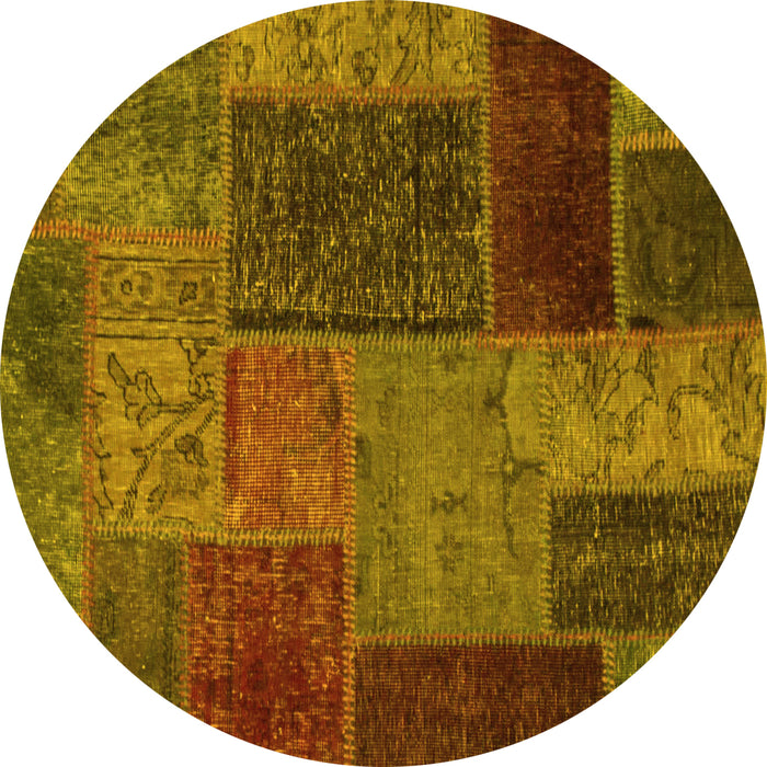 Round Machine Washable Patchwork Yellow Transitional Rug, wshabs1263yw
