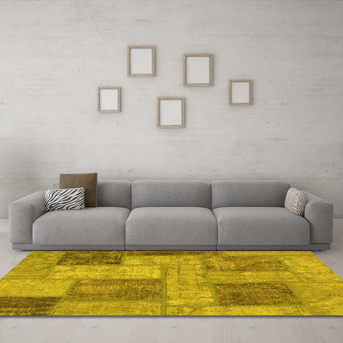 Machine Washable Patchwork Yellow Transitional Rug in a Living Room, wshabs1264yw