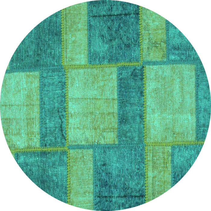 Round Machine Washable Patchwork Turquoise Transitional Area Rugs, wshabs1265turq
