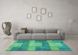 Machine Washable Patchwork Turquoise Transitional Area Rugs in a Living Room,, wshabs1265turq