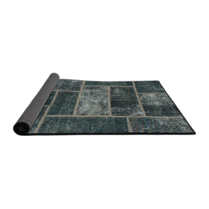 Sideview of Abstract Charcoal Blue Patchwork Rug, abs1267