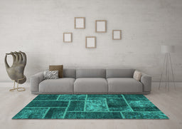 Machine Washable Patchwork Turquoise Transitional Area Rugs in a Living Room,, wshabs1267turq