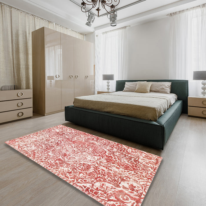 Abstract Tomato Red Modern Rug in a Bedroom, abs1271