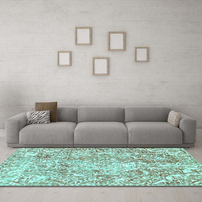 Machine Washable Abstract Turquoise Modern Area Rugs in a Living Room,, wshabs1271turq