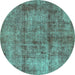 Round Machine Washable Abstract Turquoise Modern Area Rugs, wshabs1273turq