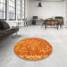 Round Machine Washable Abstract Orange Red Rug in a Office, wshabs1277