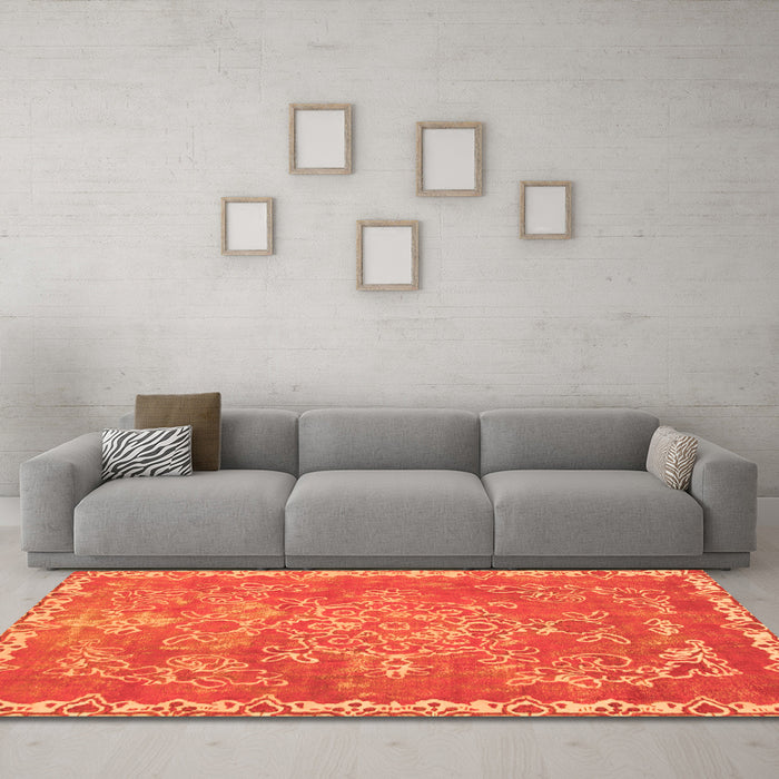 Machine Washable Abstract Orange Modern Area Rugs in a Living Room, wshabs1277org