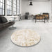 Round Machine Washable Abstract White Chocolate Beige Rug in a Office, wshabs1282