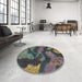 Round Abstract Charcoal Gray Modern Rug in a Office, abs1284