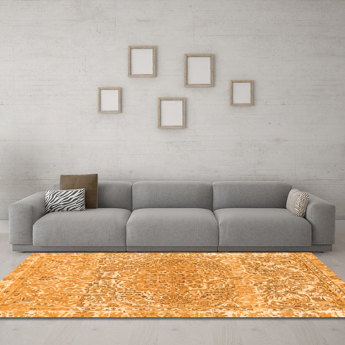Machine Washable Abstract Orange Modern Area Rugs in a Living Room, wshabs1287org