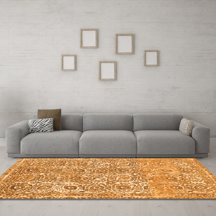 Machine Washable Abstract Orange Modern Area Rugs in a Living Room, wshabs1289org