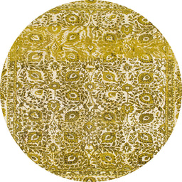 Round Machine Washable Abstract Chrome Gold Yellow Rug, wshabs1289