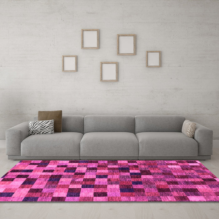 Machine Washable Checkered Pink Modern Rug in a Living Room, wshabs1294pnk