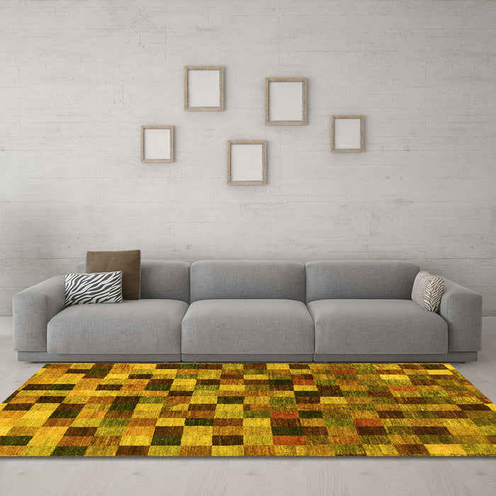 Machine Washable Checkered Yellow Modern Rug in a Living Room, wshabs1294yw
