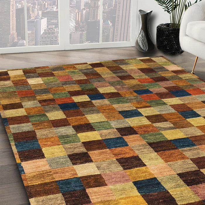 Abstract Dark Sienna Brown Checkered Rug in Family Room, abs1294