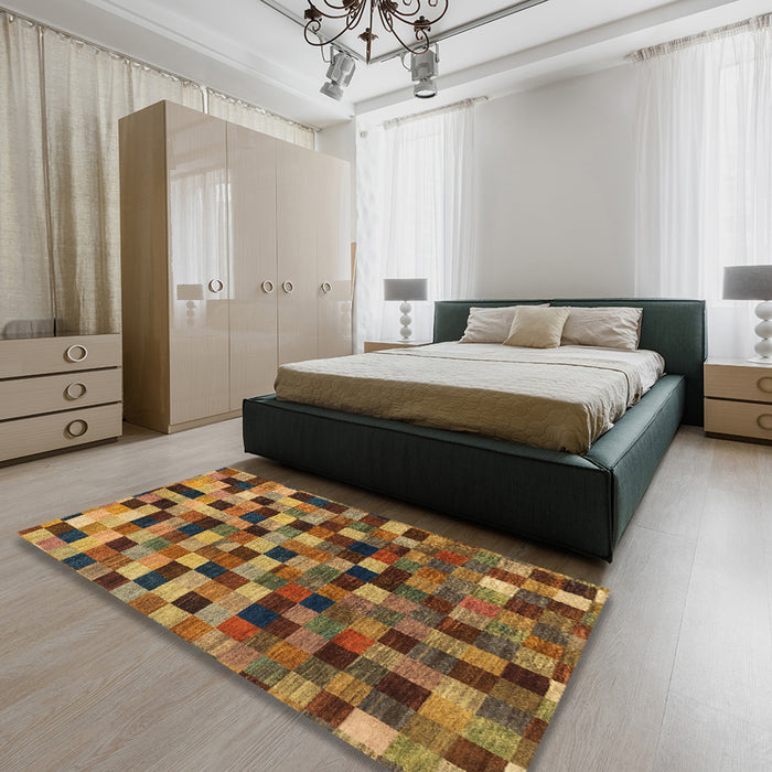 Abstract Dark Sienna Brown Checkered Rug in a Bedroom, abs1294