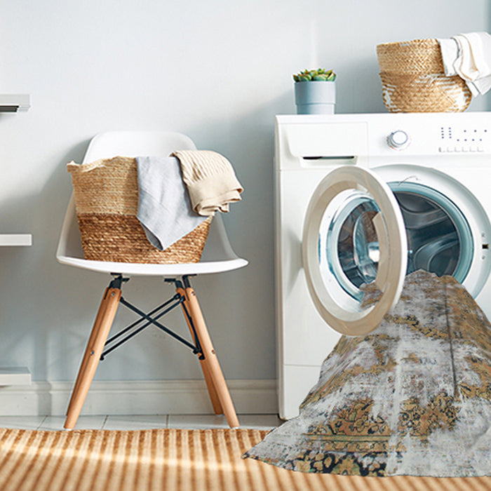 Machine Washable Abstract Dark Almond Brown Rug in a Washing Machine, wshabs1297