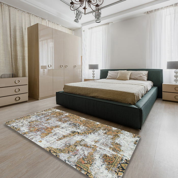 Abstract Dark Almond Brown Modern Rug in a Bedroom, abs1297