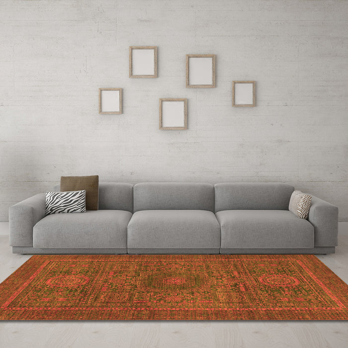 Machine Washable Abstract Orange Modern Area Rugs in a Living Room, wshabs1299org