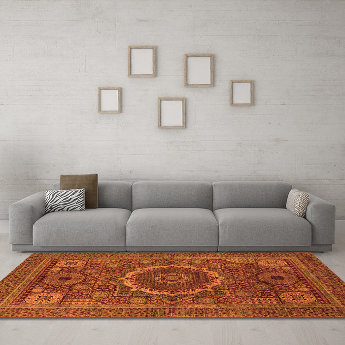Machine Washable Abstract Orange Modern Area Rugs in a Living Room, wshabs1300org