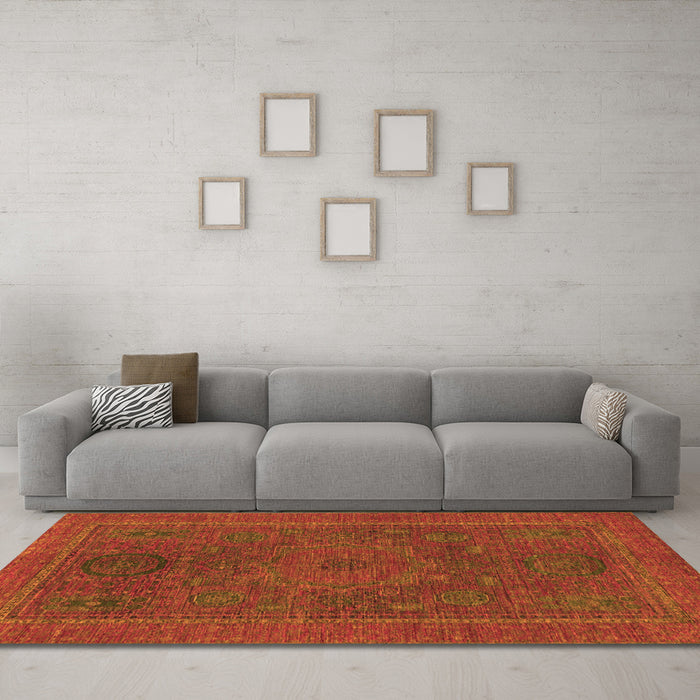 Machine Washable Abstract Orange Modern Area Rugs in a Living Room, wshabs1301org