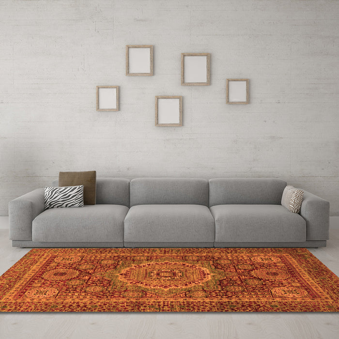 Machine Washable Abstract Orange Modern Area Rugs in a Living Room, wshabs1302org
