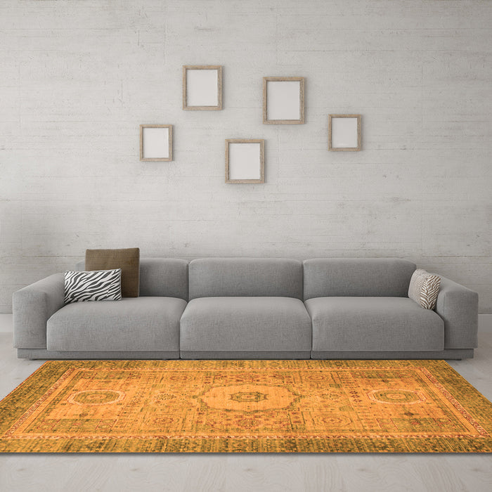 Machine Washable Abstract Orange Modern Area Rugs in a Living Room, wshabs1305org